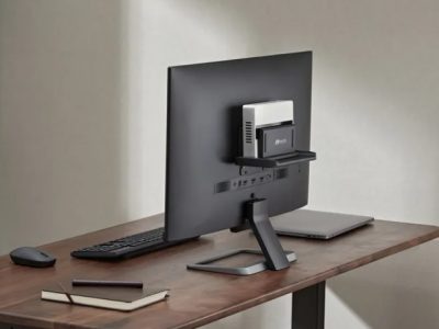 1778078534315 Back view of a desktop workstation: monitor on a stand with a small printer mounted on its back, plus keyboard, mouse, and notebook on a wooden desk.